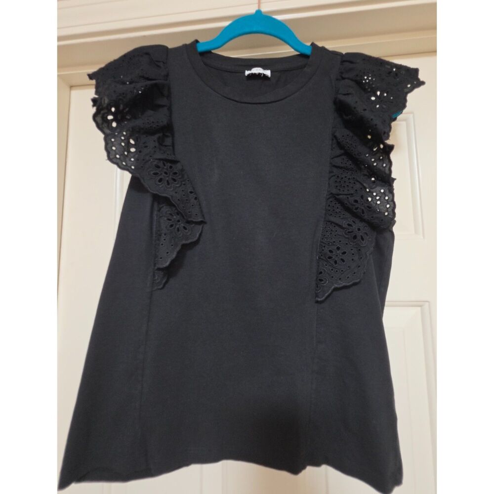 J.Crew Black Cotton Knit Tee Top with Eyelet Ruffle Sleeves Size S